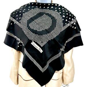 Unused  Christian Dior 100% Silk Scarf  Satin 31" x331" black white Logo"D"  (78
